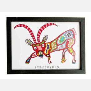 Stenbukken  rd  22,5x16,5 cm indrammet i hndmalet sort fyrtr