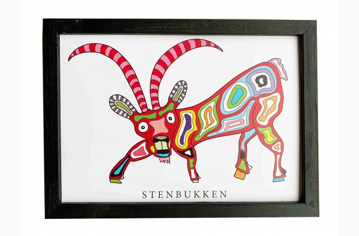 Stenbukken  rd  22,5x16,5 cm indrammet i hndmalet sort fyrtr