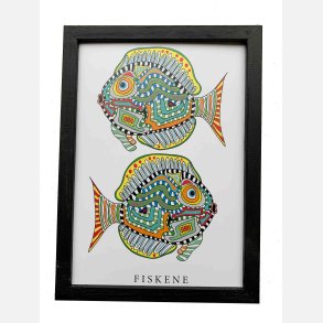 Fiskene  grn 22,5x16,5 cm indrammet i hndmalet sort fyrtr