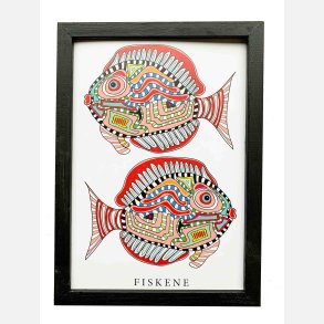 Fiskene  rd 22,5x16,5 cm indrammet i hndmalet sort fyrtr