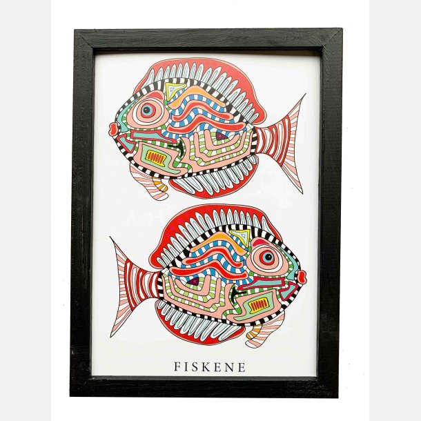 Fiskene  rd 22,5x16,5 cm indrammet i hndmalet sort fyrtr