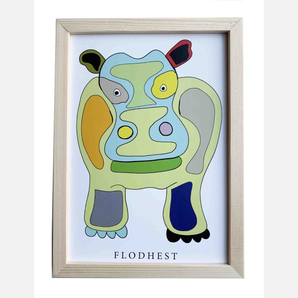 Flodhest  16,5x22,5 cm indrammet i fyrtr
