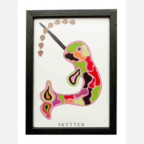 Skytten  pink  22,5x16,5 cm indrammet i hndmalet sort fyrtr