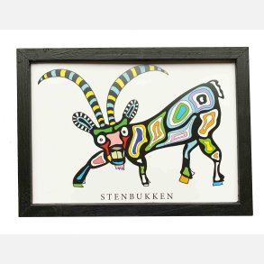 Stenbukken  sort  22,5x16,5 cm indrammet i hndmalet sort fyrtr