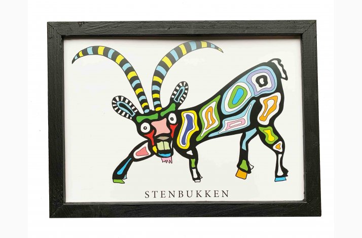 Stenbukken  sort  22,5x16,5 cm indrammet i hndmalet sort fyrtr