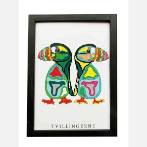 Tvillingerne  bl/grn 22,5x16,5  cm indrammet i hndmalet sort fyrtr 