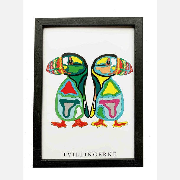 Tvillingerne  bl/grn 22,5x16,5  cm indrammet i hndmalet sort fyrtr 