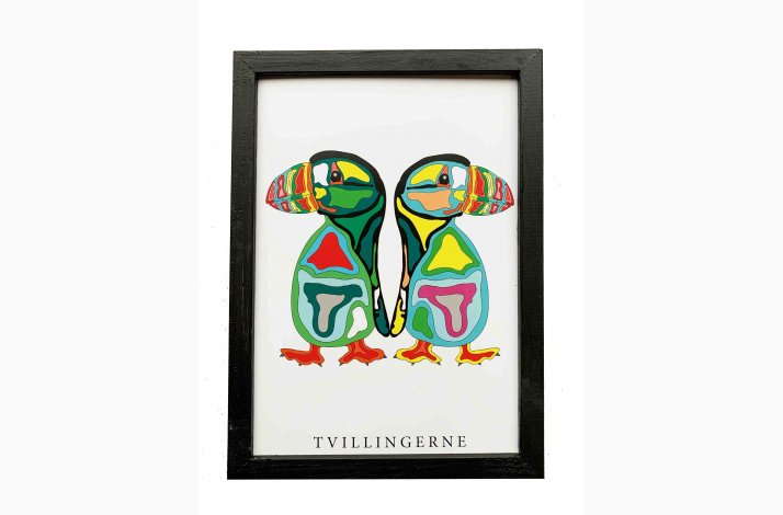 Tvillingerne  bl/grn 22,5x16,5  cm indrammet i hndmalet sort fyrtr 