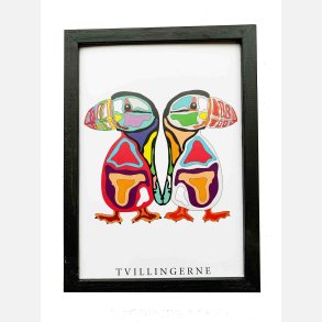 Tvillingerne  rd/hvid 22,5x16,5  cm indrammet i hndmalet sort fyrtr 