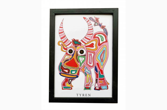 Tyren  pink 22,5x16,5 cm indrammet i hndmalet sort fyrtr